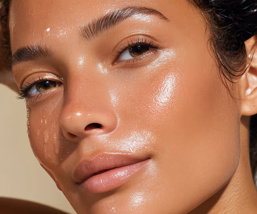 Close-up of a woman's face with glowing, moisturized skin and water droplets.