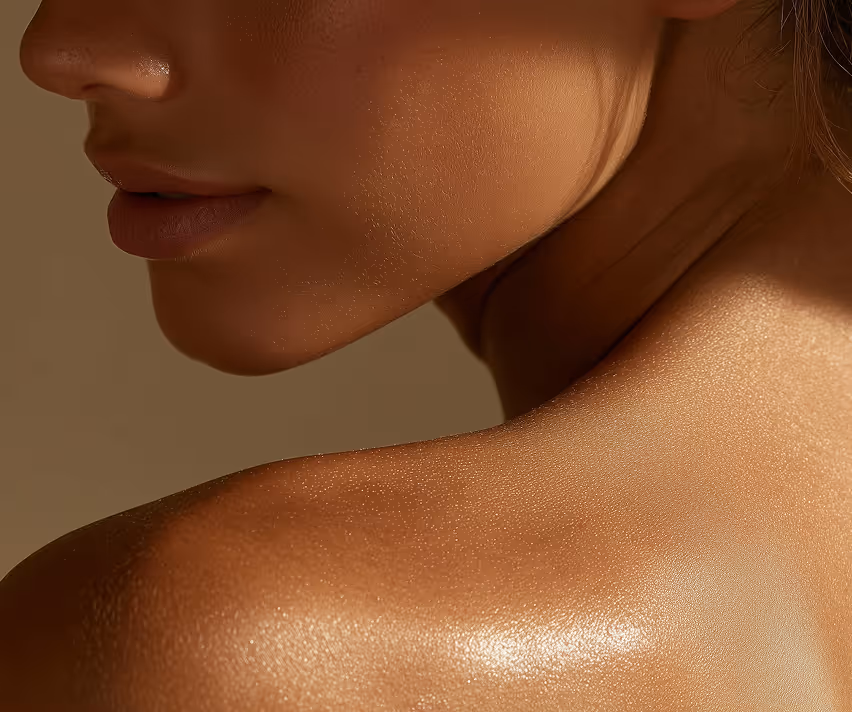Close-up of a woman's smooth, glowing shoulder and lower face against a neutral background.