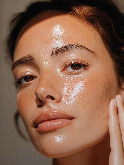 Close-up of a woman's face with glowing, dewy skin and subtle freckles, gently touching her cheek.
