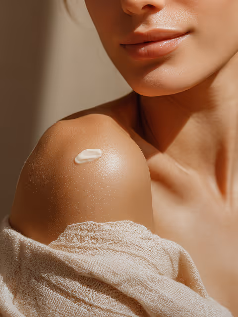 Close-up of a woman's shoulder with a dollop of cream and part of her smiling lips visible.