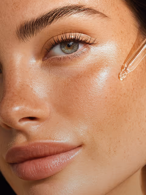 Close-up of a woman with clear skin applying a drop of serum to her cheek with a glass dropper.
