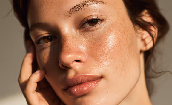 Close-up of a woman with light brown skin, freckles, and natural makeup resting her face on her hand under warm lighting.