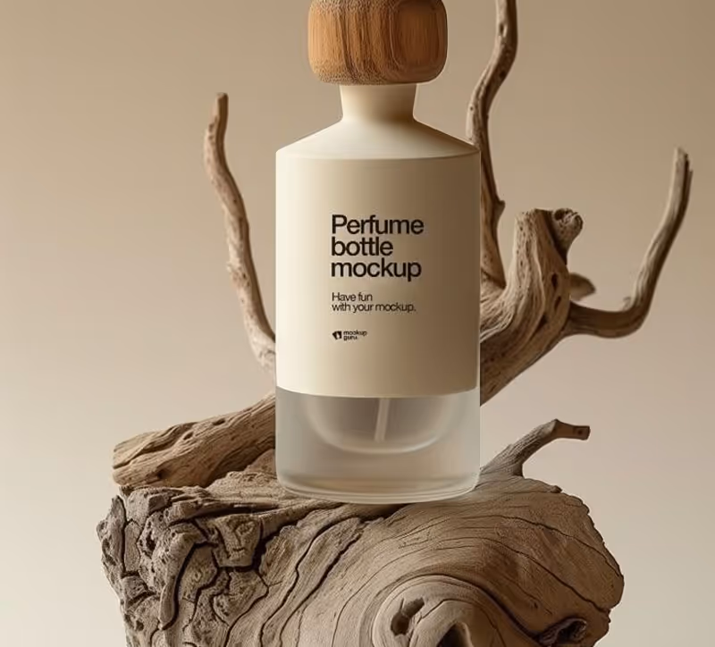 Minimalist frosted glass perfume bottle with wooden cap displayed on textured driftwood against a beige background.